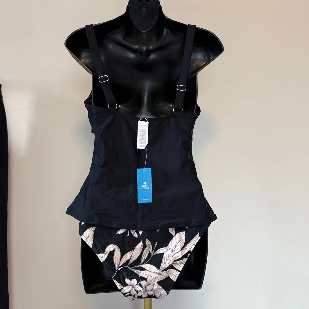 NWT Cupshe Black Wrapped Tankini Top & Tropical Mid-Rise Bottoms Set